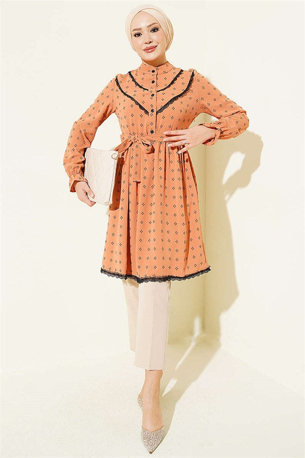 Half-Button Tunic with Lace Detail, Camel