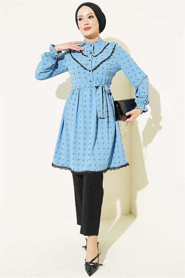 Half-Button Tunic with Lace Detail, Blue