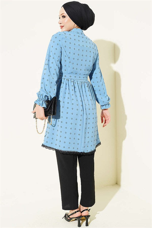 Half-Button Tunic with Lace Detail, Blue