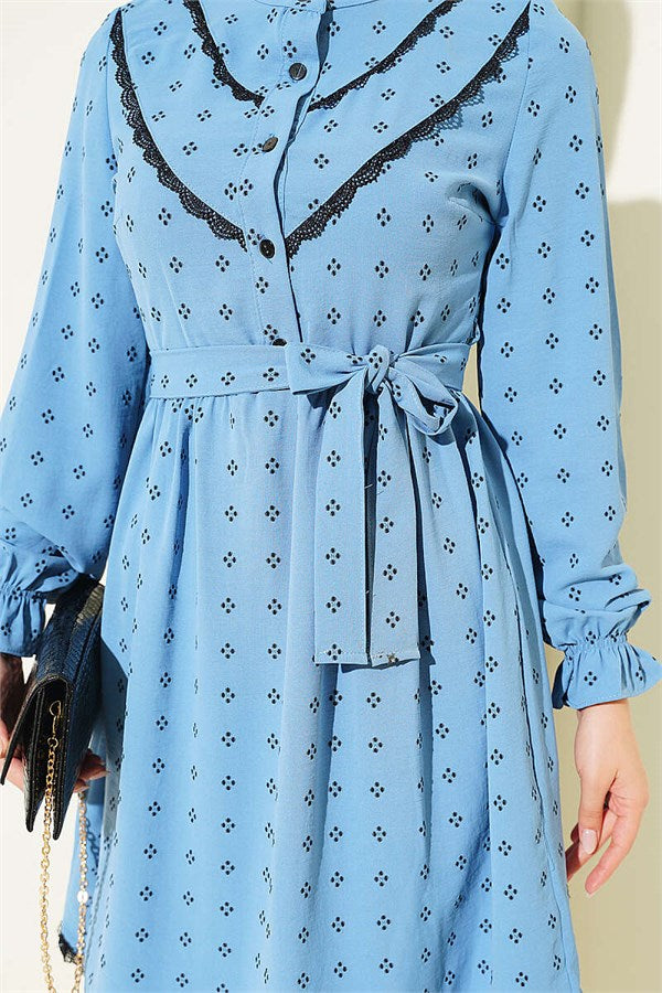 Half-Button Tunic with Lace Detail, Blue