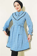 Half-Button Tunic with Lace Detail, Blue
