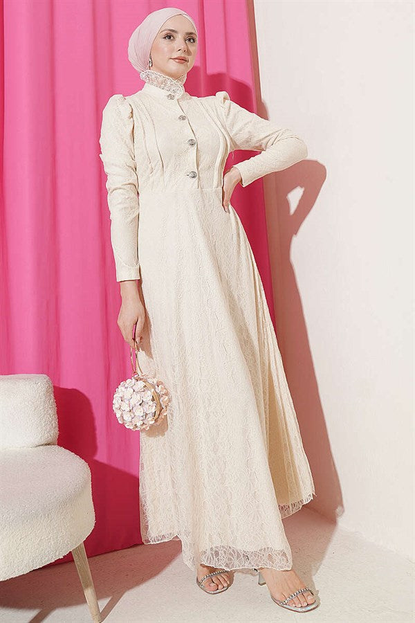 Half-Button Lace Evening Dress Beige