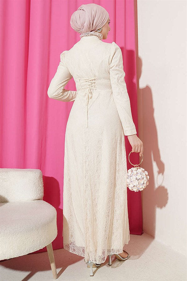 Half-Button Lace Evening Dress Beige
