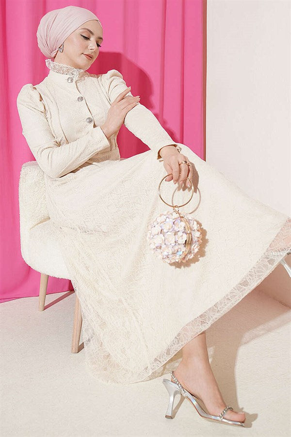 Half-Button Lace Evening Dress Beige