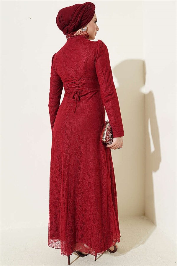 Half-Button Lace Evening Dress in Burgundy