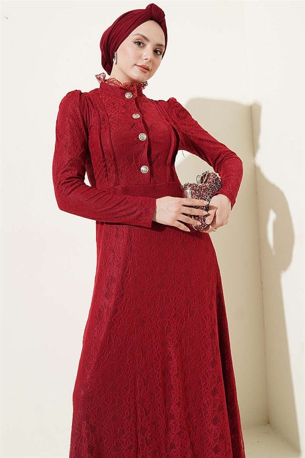 Half-Button Lace Evening Dress in Burgundy