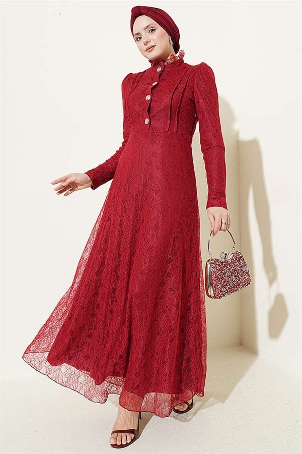 Half-Button Lace Evening Dress in Burgundy