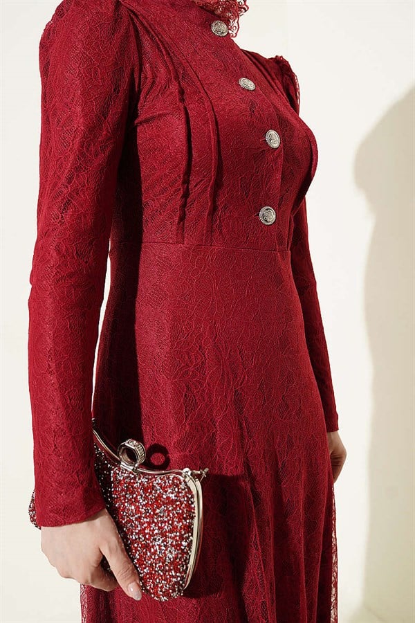 Half-Button Lace Evening Dress in Burgundy