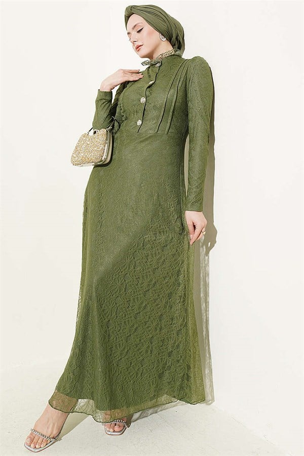 Half-Button Lace Evening Dress Khaki