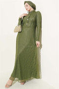 Half-Button Lace Evening Dress Khaki