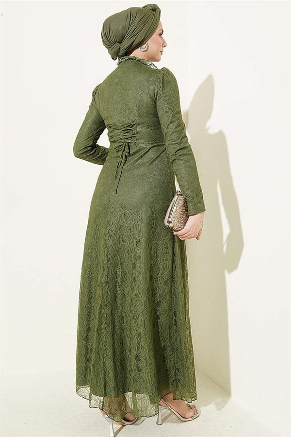 Half-Button Lace Evening Dress Khaki