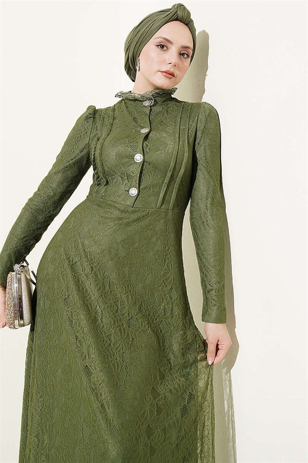 Half-Button Lace Evening Dress Khaki