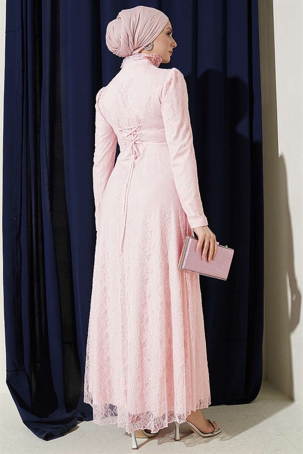Half-Button Lace Evening Dress in Powder Pink