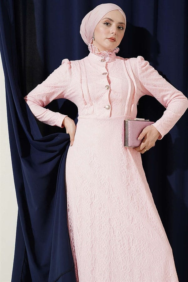Half-Button Lace Evening Dress in Powder Pink