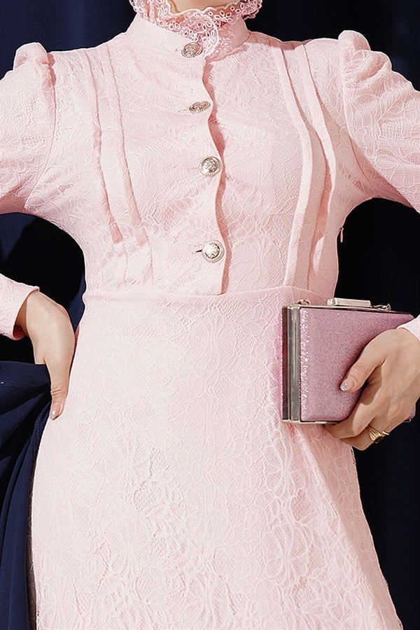 Half-Button Lace Evening Dress in Powder Pink