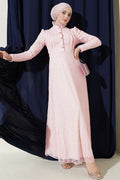 Half-Button Lace Evening Dress in Powder Pink