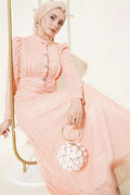 Half-Button Lace Evening Dress, Baby Pink