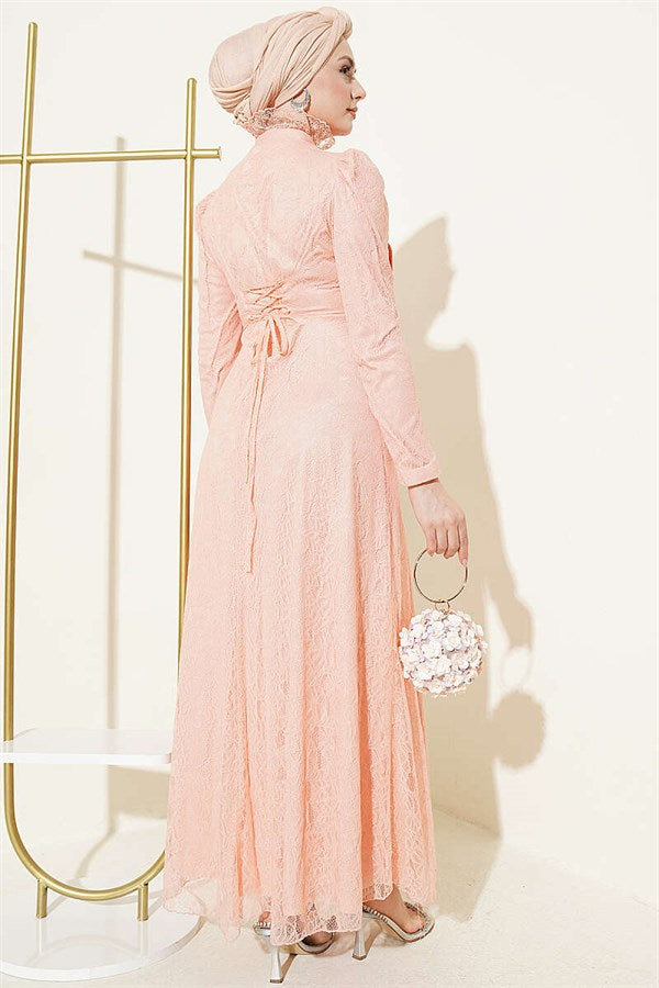 Half-Button Lace Evening Dress, Baby Pink