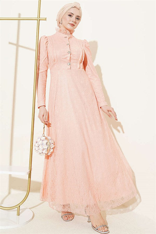 Half-Button Lace Evening Dress, Baby Pink