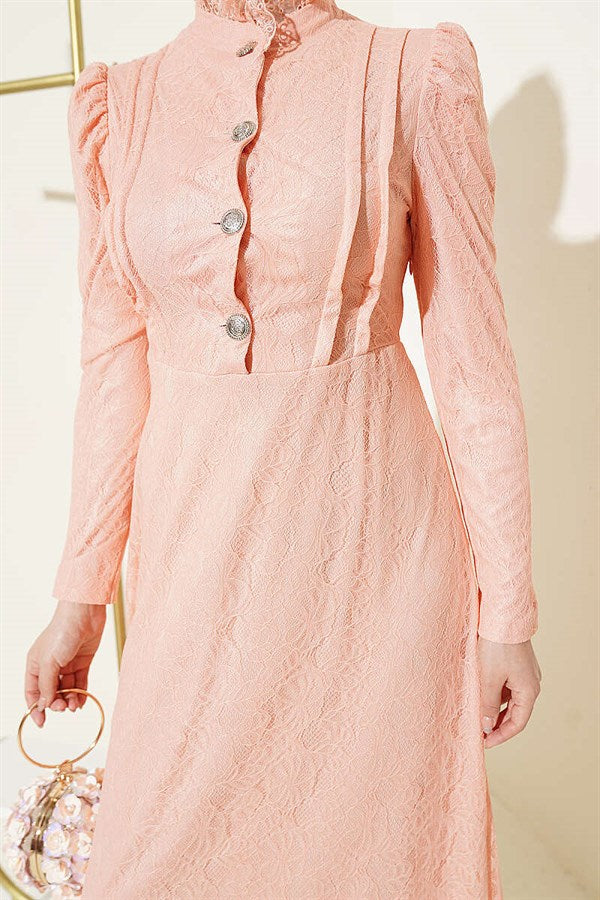 Half-Button Lace Evening Dress, Baby Pink