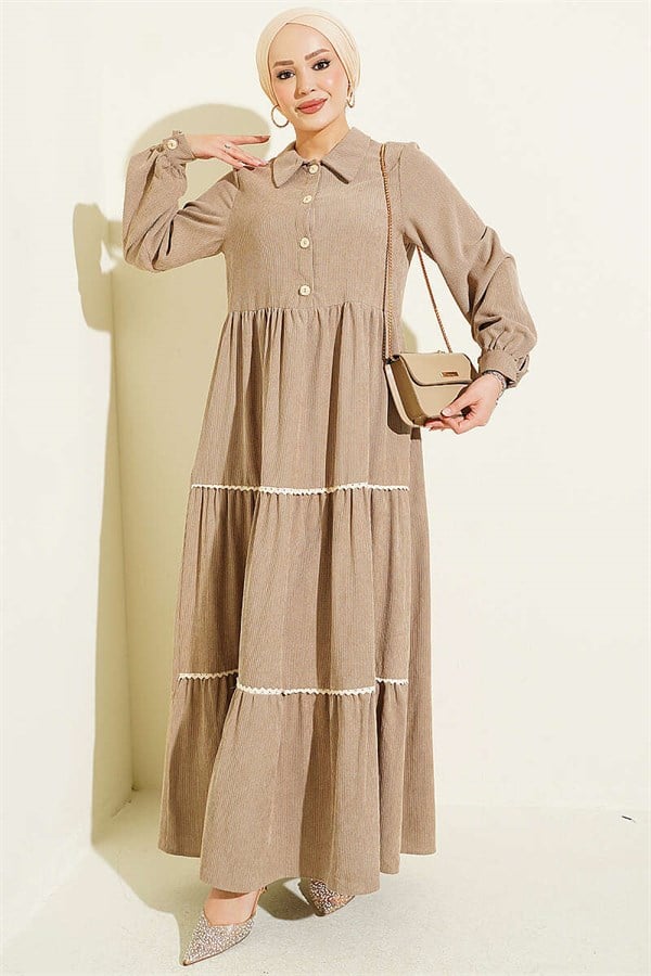 Half-Button Lace Velvet Dress Beige