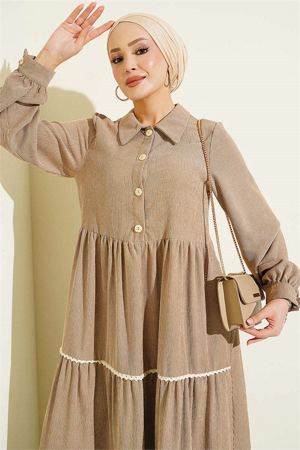 Half-Button Lace Velvet Dress Beige