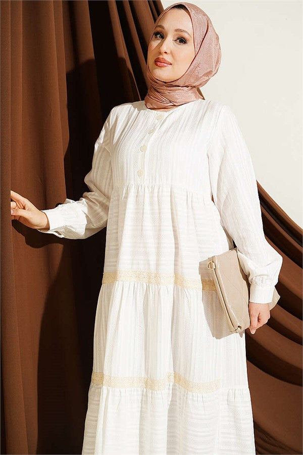 Half-Button Lace Layered Dress White