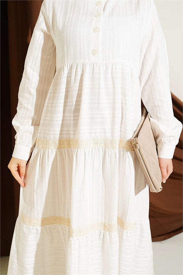 Half-Button Lace Layered Dress White