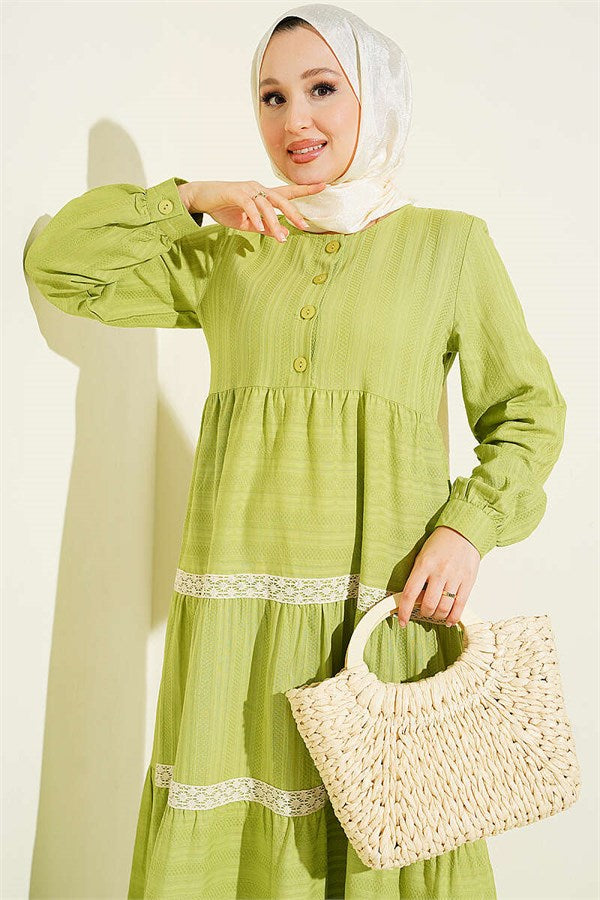 Half-Button Lace Layered Dress Pistachio Green