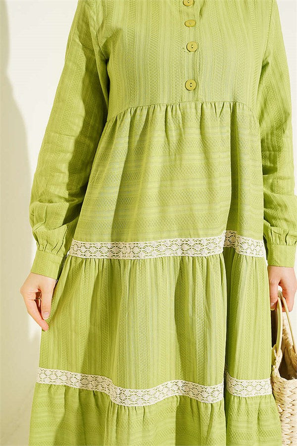 Half-Button Lace Layered Dress Pistachio Green