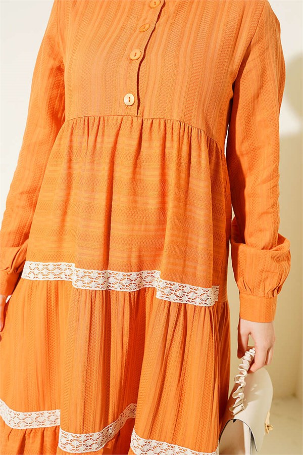 Half-Button Lace Layered Dress Orange