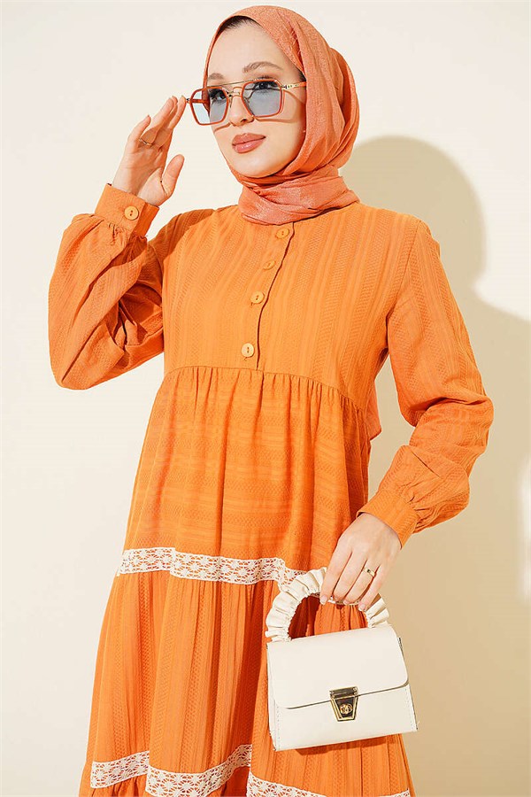 Half-Button Lace Layered Dress Orange