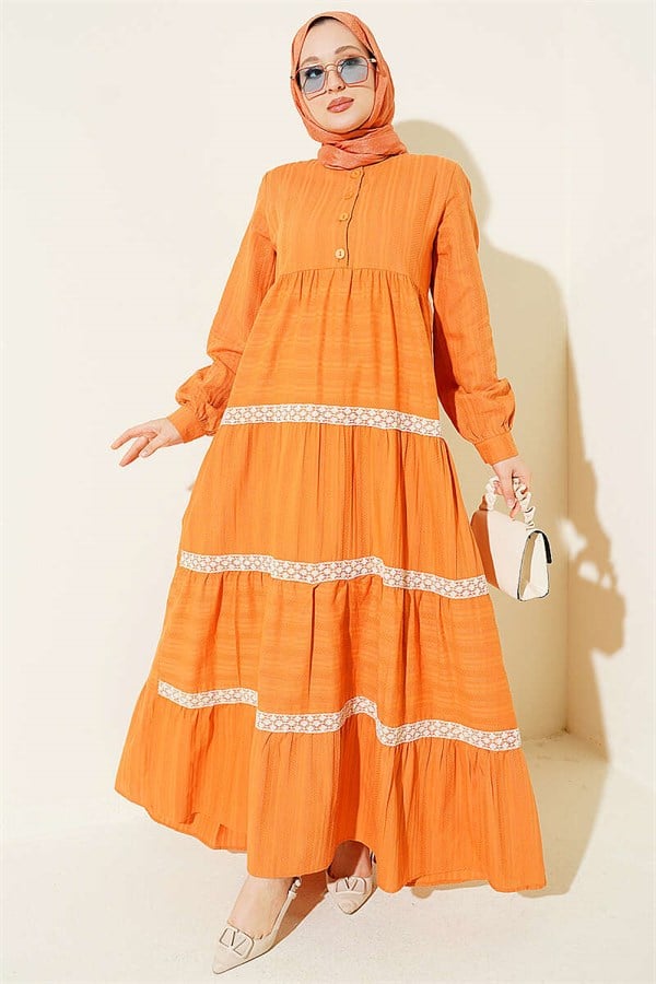 Half-Button Lace Layered Dress Orange