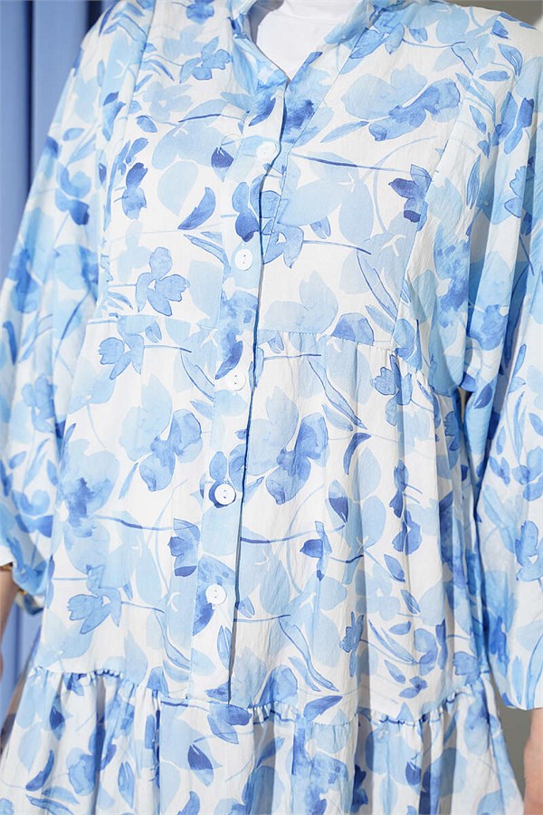 Half-Buttoned Marbled Patterned Dress, Blue