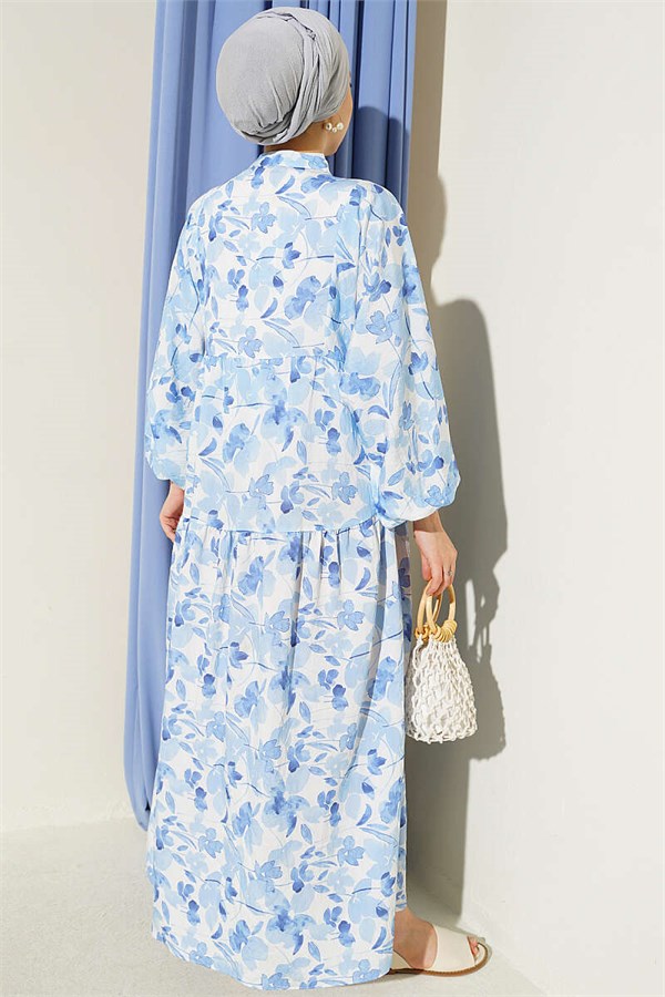 Half-Buttoned Marbled Patterned Dress, Blue