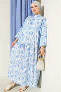 Half-Buttoned Marbled Patterned Dress, Blue
