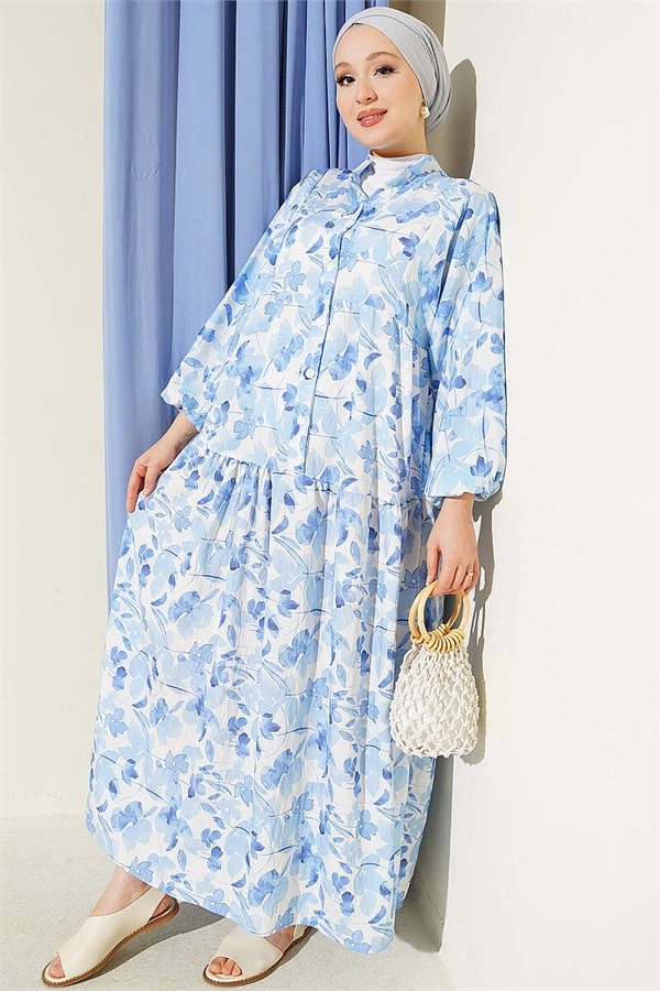 Half-Buttoned Marbled Patterned Dress, Blue