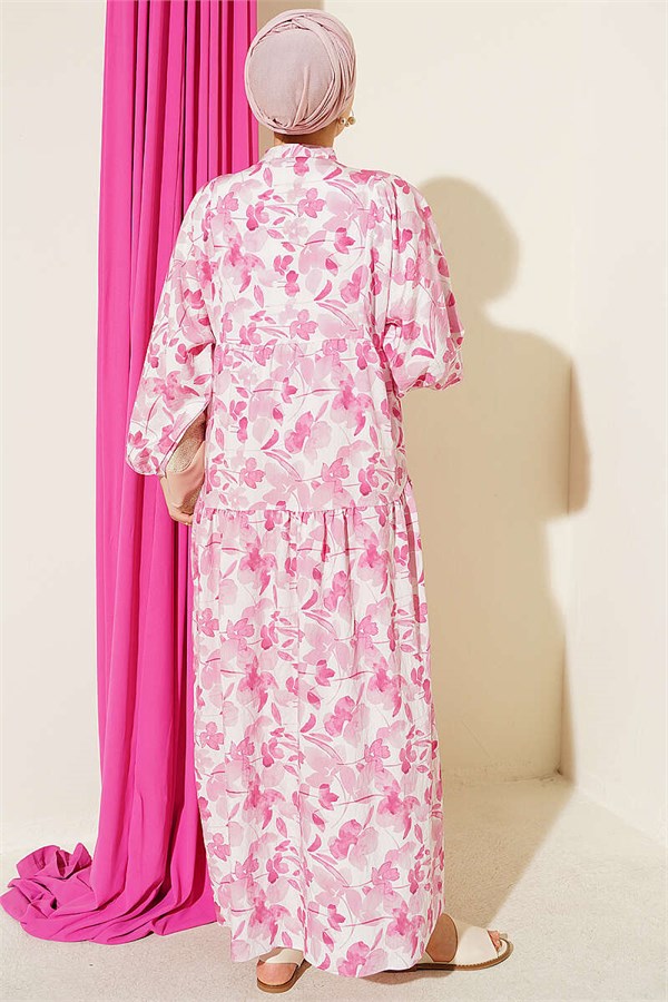 Pink Half-Buttoned Marbled Patterned Dress