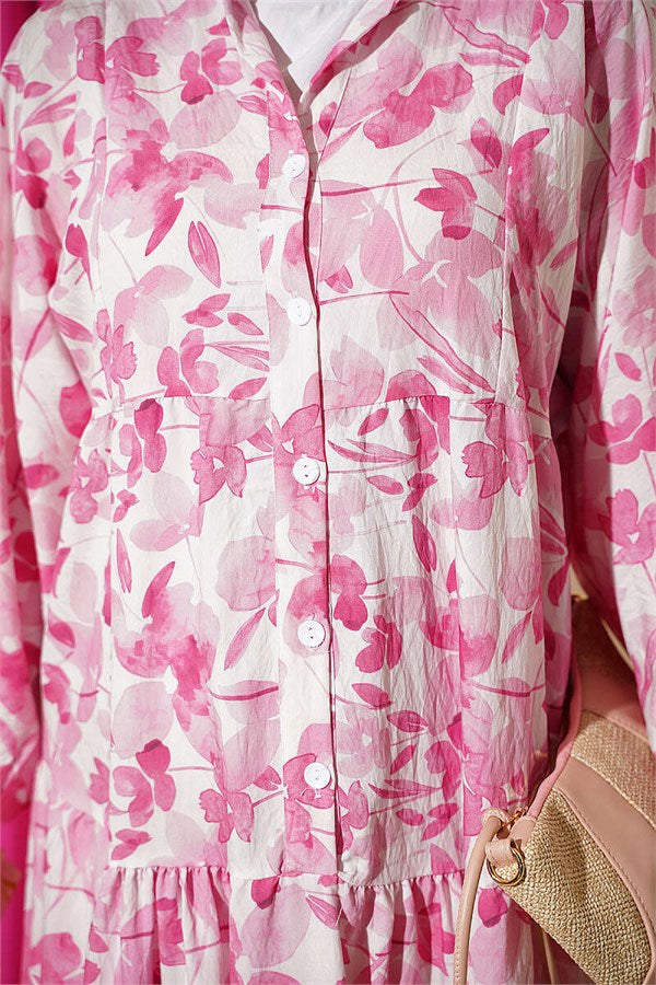 Pink Half-Buttoned Marbled Patterned Dress