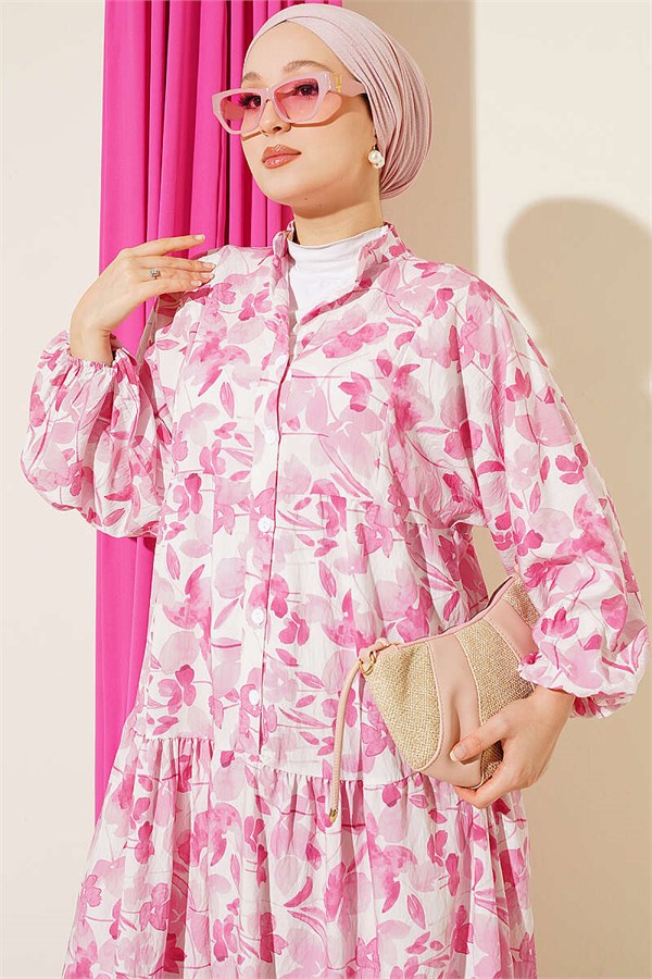 Pink Half-Buttoned Marbled Patterned Dress