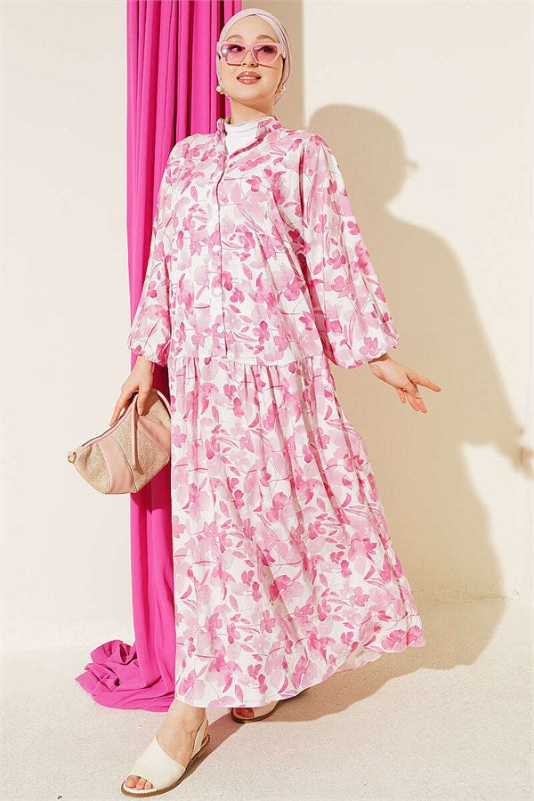 Pink Half-Buttoned Marbled Patterned Dress