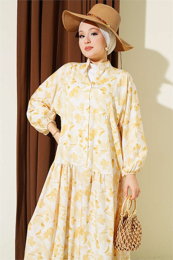 Half-Buttoned Marbled Patterned Dress Yellow