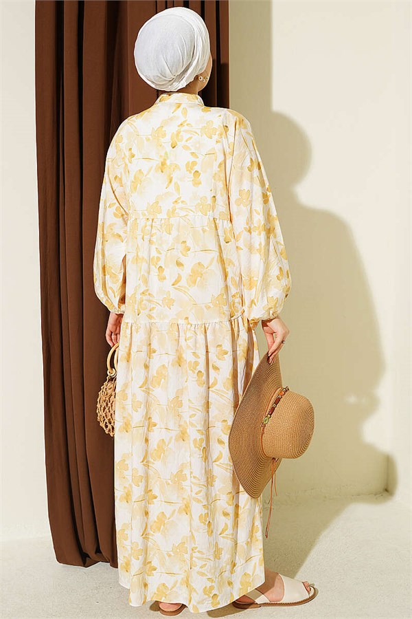 Half-Buttoned Marbled Patterned Dress Yellow