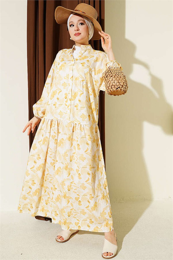 Half-Buttoned Marbled Patterned Dress Yellow
