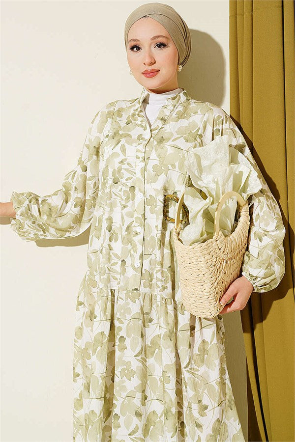 Half-Buttoned Marbled Patterned Dress Green
