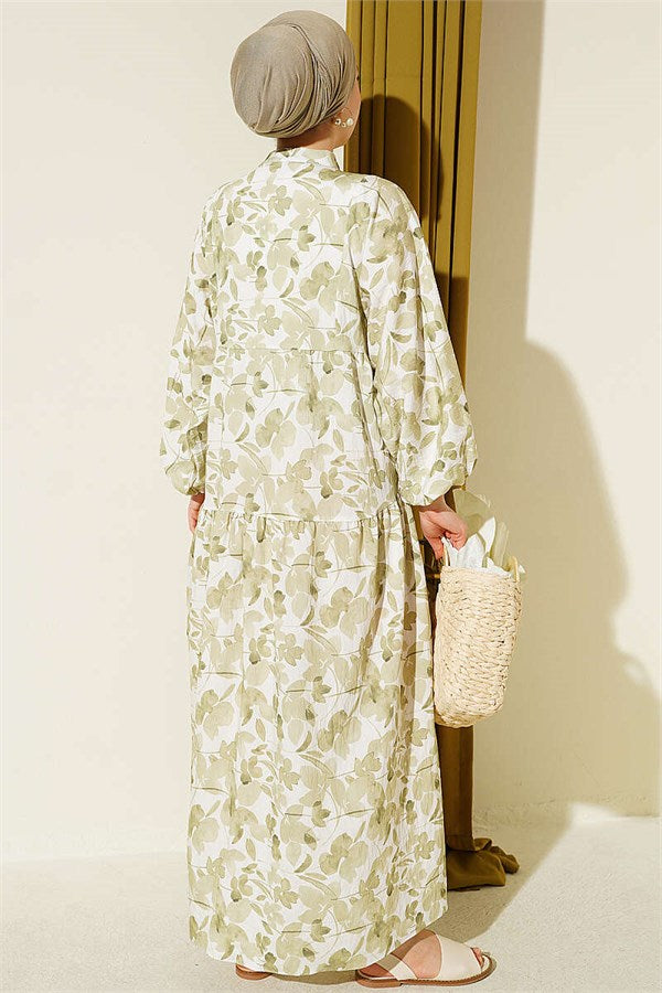 Half-Buttoned Marbled Patterned Dress Green