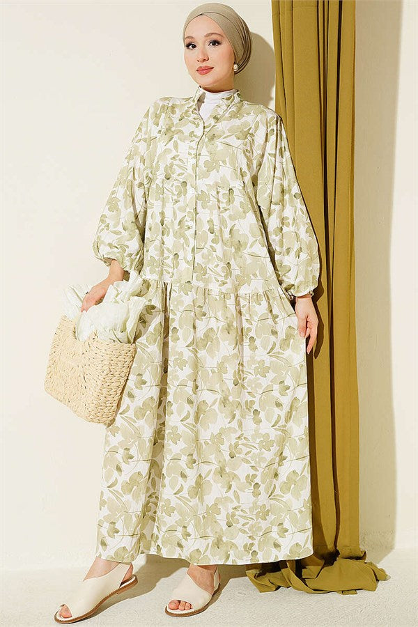 Half-Buttoned Marbled Patterned Dress Green