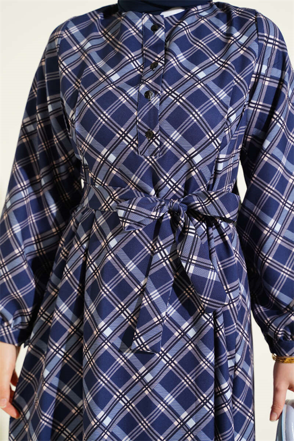Half-Button Plaid Flared Dress Navy Blue