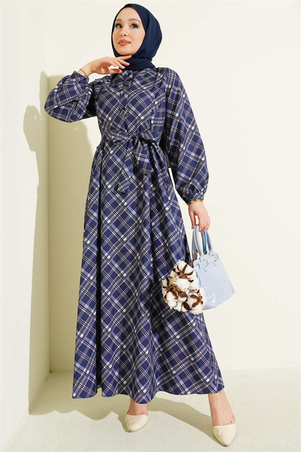 Half-Button Plaid Flared Dress Navy Blue