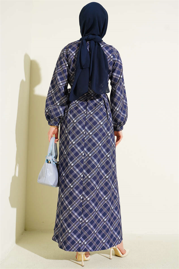 Half-Button Plaid Flared Dress Navy Blue